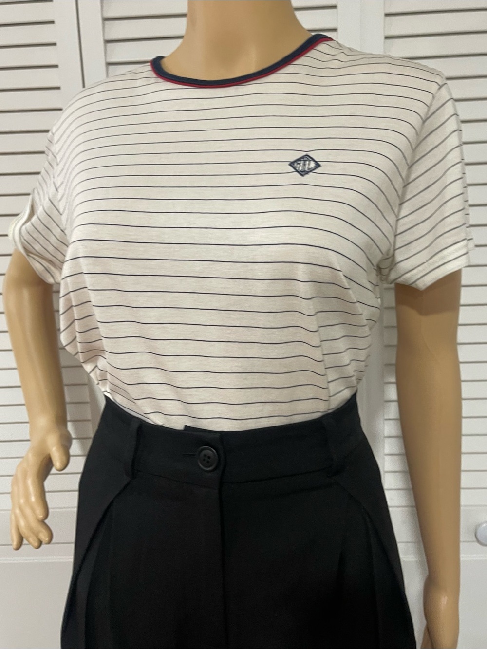 Ralph Lauren Cream Tee with Navy Pinstripes and Red-Trim Neck